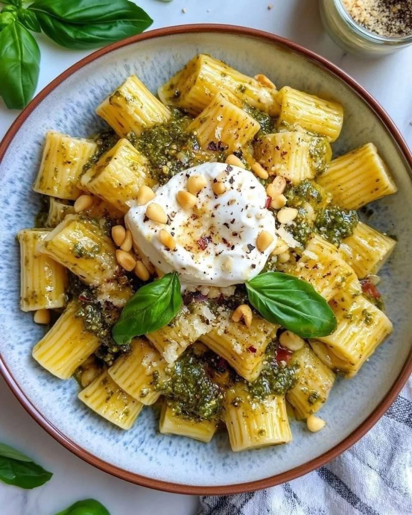 View of Lemon Pesto Rigatoni with Burrata & Roasted Pine Nuts – Awesome Food